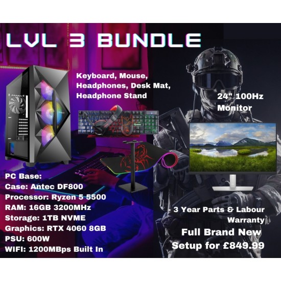 Gaming PC LVL 3 Bundle AMD 5500 RTX 4060 16GB DDR4 RAM 1TB NVME 24