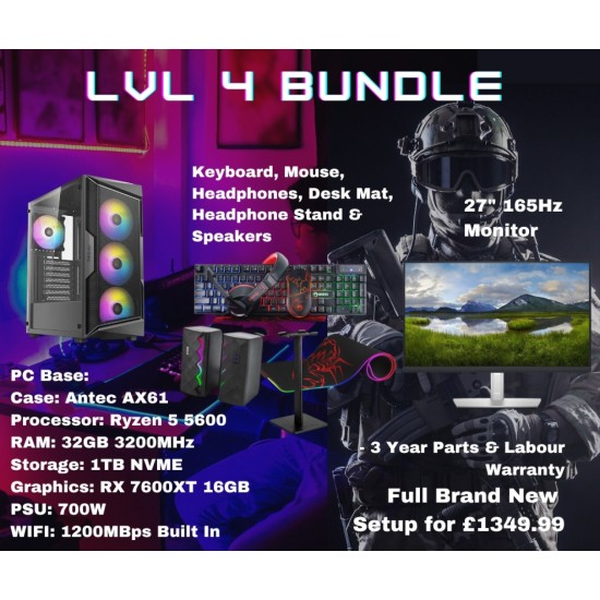 Gaming PC LVL 4 Bundle AMD 5600 RX 7600 XT 32GB DDR4 RAM 1TB NVME 27