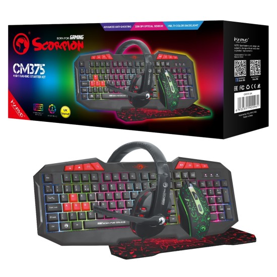 Marvo Scorpion CM375 4-in-1 Gaming Bundle, Wired Keyboard, Mouse, Headset and M
