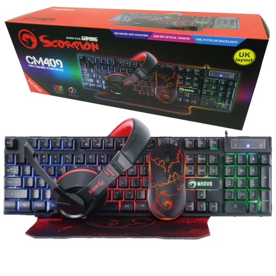 Marvo Scorpion CM409-UK 4-in-1 Gaming Bundle, Keyboard, Headset, Mouse and Mous