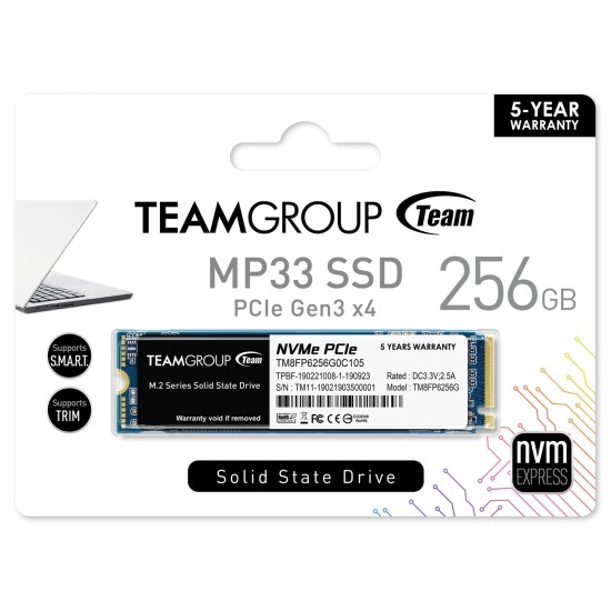 Team MP33 (TM8FP6256G0C101) 256GB NVMe M.2 Interface, PCIe Gen3, 2280, Read 1600MB/s, Write 1000MB/s